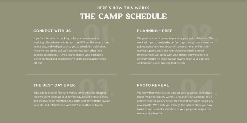 The "camp schedule" of working with Kelsey.
