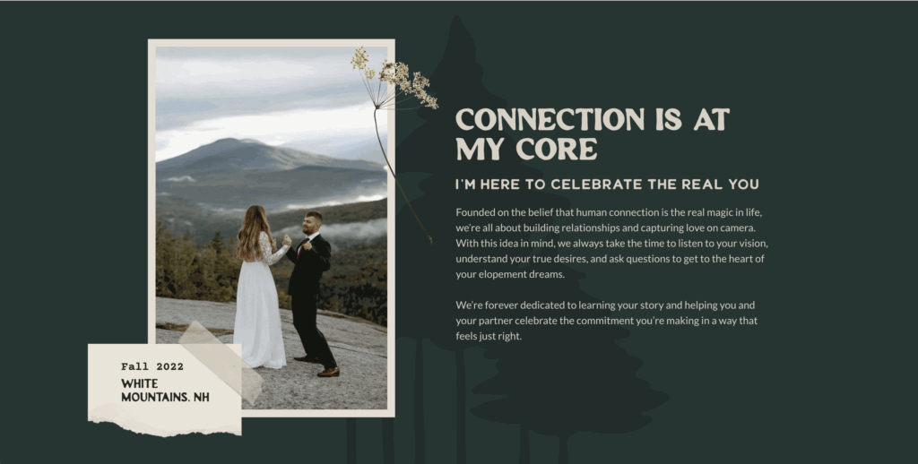 The about section on Kelsey Converse Photography's homepage.